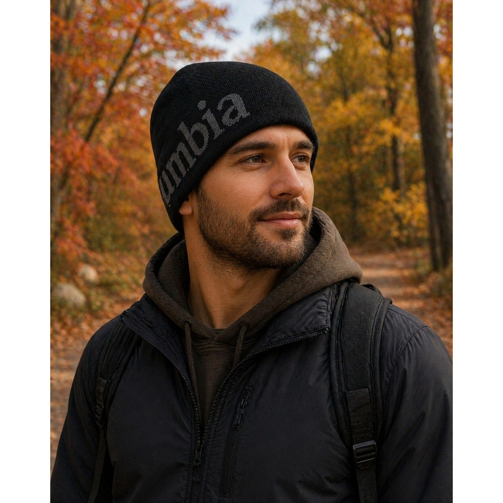 Columbia Beanie Hat Mens One Size Black Gray Knit Logo Winter Cap